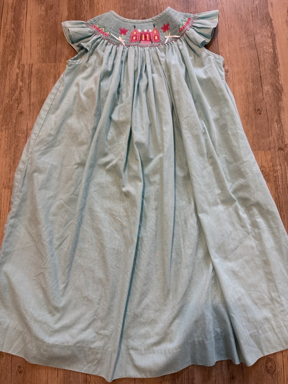 Aunt Polly's Smocked Dress sz 7 Princesse Castle Embroidered Teal Gingham EUC